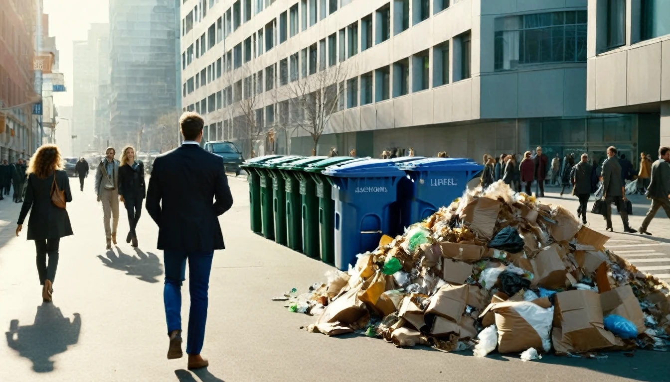 middle ground camera view of many kind of beautiful people walking on the street wearing ((in front of the houses(((there are big garbage mounds on the street and many full trash cans))).They are walking in a pedestrian street in a megacity at morning time. Males are wearing suits or t-shirt with blue jeans. the people have photorealistic faces and bodies, different detailed facial features, perfect eyes and mouthes and skins with real human hands and hair blown in the wind, rule of thirds.Different styled high tech futuristic buildings cover the side of the street, the natural light of the sun illuminates at daytime. Bustling megacity with many skyscrapers in the background, Natural lights, neutral colors, lomochrome, vintage color tones, few warm color shades, dramatic, dynamic composition.Lifelike textures, sharp focus, depth of field, cinematic lighting, Contrast lighting, volumetric lighting, best shadows,sharp focus, depth of field, movie styled, crystall clear, photorealism, Realism, Cinematic, Photoreal, 35mm film Screengrab a Super Panavision film, in color. best quality , hdr, uhd, 8k, 35 mm film, analog camera shot.