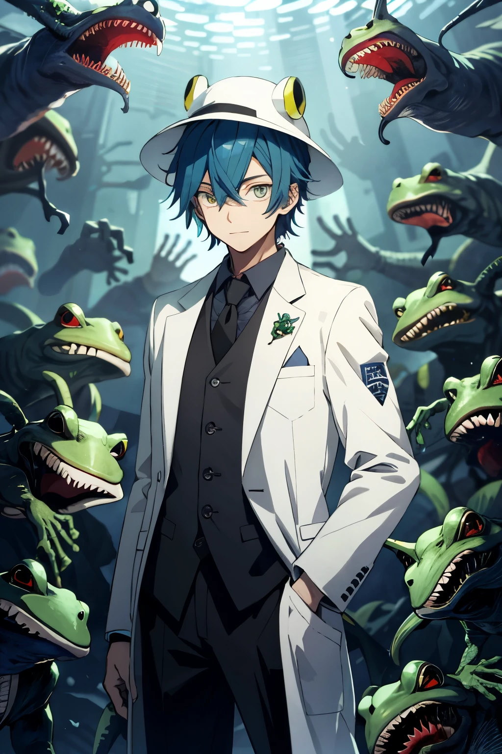 Elegant Boy in Scientist Attire and Playful Frog Hat Amidst Swarming Zombies - Anime Inspired

High Resolution, Anime Style Illustration
Effeminate and graceful, the boy is adorned in a scientific coat, the pockets brimming with various tools and contraptions. Atop his head rests a whimsical frog hat, its eyes glowing with curiosity. Amidst the chaos of a zombie apocalypse, the boy remains poised and calm, surrounded by a swarming horde of undead creatures.

Anime-inspired, Detailed Shading, and Vibrant Colors