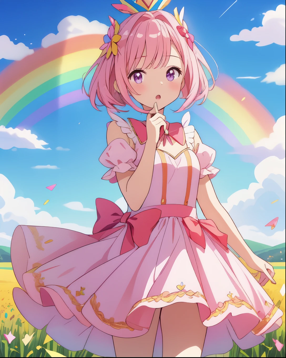 Scepter, lots of Sweet, gummies, Sweetcanes, a rainbow, Sweet, (a field of Sweet), 1 girl, sugar queen, pink dress, a Sceptor of Sweet y en nombre POLIRUBRO MAIRA EN GRANDE Y DESTACADO