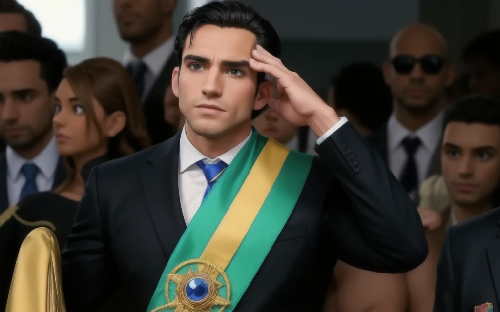 muscular man, black hair, in a suit with sash