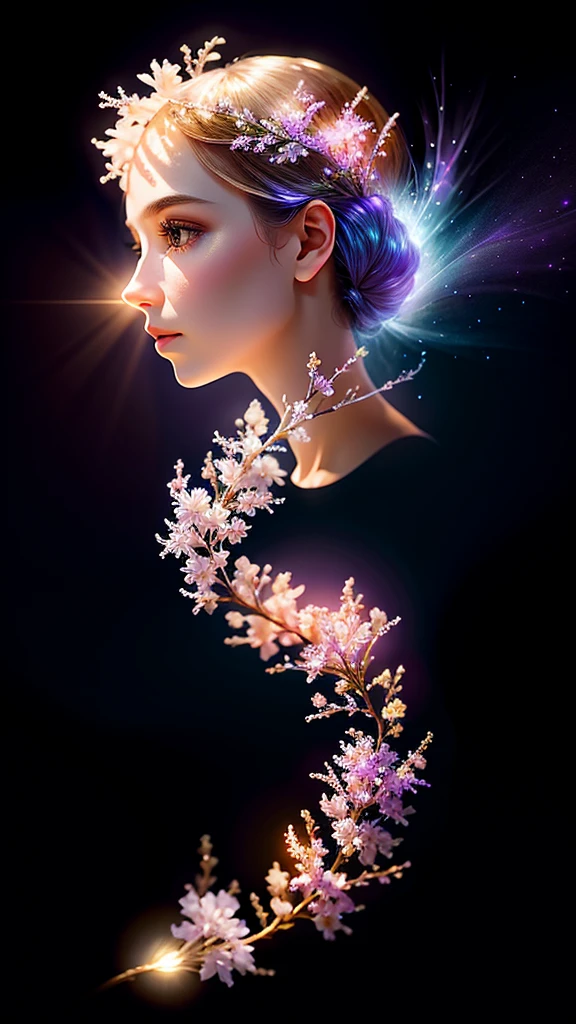 Branch of delicate lilac flowers, Ultra-transparent, holy Light, beautiful spectral Light, Petals Shine, Blink, Dark Background, drops of transparent Light, reflective Light, bright, Light streaming in, Optics, Portrait Profile, Sharp focus, Magic, complicated, Ultra-realistic, Fantasy, composition, Light, Art Station Trends, Pearl, Silvery steam guardian cloud, Caustic Enveloped Ray, 8K, ureal ar 23v4 upLight