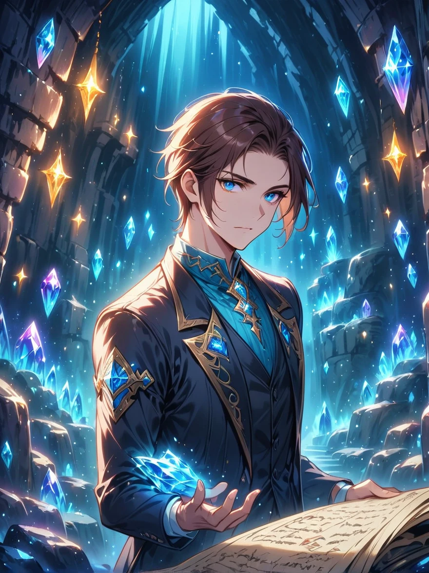 (((Dungeons & Dragons)))，A glittering dragon's underground lair featuring an 1man wearing a black suit jacket, scrolls, mysterious runes,rock walls, crystals, gemstones,intense blue eyes,captivating face, (short brown hair), dungeon lighting, caves, high fantasy
