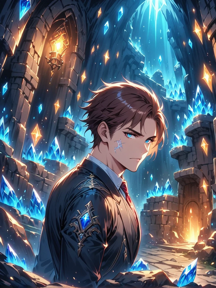 (((Dungeons & Dragons))),A glittering dragon's underground lair featuring an 1man wearing a black suit jacket, scrolls, mysterious runes,rock walls, crystals, gemstones,intense blue eyes,captivating face, (short brown hair), dungeon lighting, caves, high fantasy