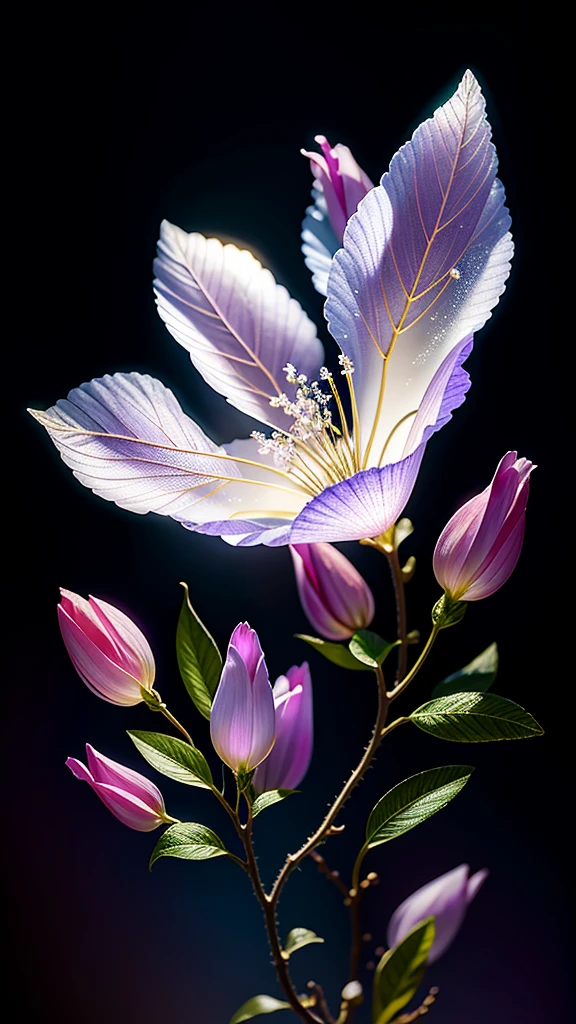 Branch of delicate lilac flowers, Ultra-transparent, holy Light, beautiful spectral Light, Petals Shine, Blink, Dark Background, drops of transparent Light, reflective Light, bright, Light streaming in, Optics, Portrait Profile, Sharp focus, Magic, complicated, Ultra-realistic, Fantasy, composition, Light, Art Station Trends, Pearl, Silvery steam guardian cloud, Caustic Enveloped Ray, 8K, ureal ar 23v4 upLight