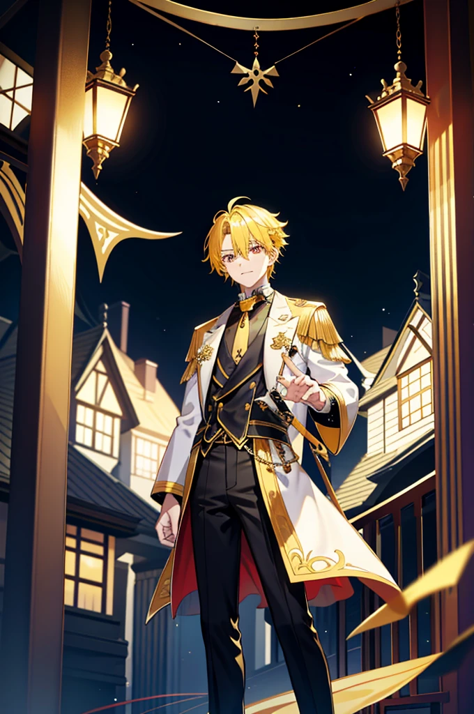 1   boy，cool guy，Yellow-haired，comma hair，Forehead comma hair，fantasy clothes style，Shiny，red eyes，looking at viewert，full body,upper body,woodern house background,