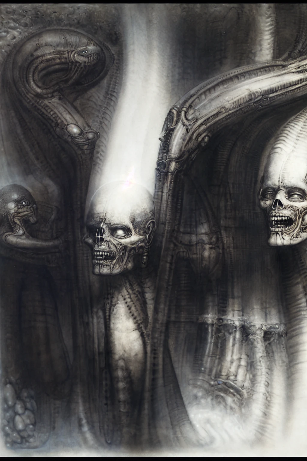 Giger_style, The image is a detailed view of H.R. Giger's \" Landscape XVI \" plate, featuring a complex network of bones and organs in a purple-brown hue ,swirling gray and brown colors. The artwork is silver and purplish brown, with an ivory bones prominently displayed. The image is highly detailed and intricate, almost like a 3d version of a medical sketch.
The piece is a tableau, most likely created with a India ink pen or pencil on paper, determined by the thin lines, shading techniques, and the texture of the paper, which is visible around the edges. Used is pen, given the shading and variations in line weight visible in the image. One have used a variety of pencils with different degrees of hardness to achieve the shading effects.

The style  is clearly biomechanical. Features combination of organic and mechanical forms. Mechanical elements dominate the composition, there are subtle organic hints. The use of undersaturated purple-grays dark contrasts creates a stark and graphic look. Is used a variety of linework techniques to create different textures. Fine, parallel lines create a smooth, metallic texture,while thicker, more cursive lines suggest cables or wires. Machines fills most, with its central cylindric structure acting as the focal point. Parallel lines emanating from this central structure used to create a sense of depth and movement. Being overwhelmingly mechanical, there are subtle suggestions of organic forms.

The art performance showcases the artist’s skills in observation and rendering. The level of detail in the piece suggests a close study of real bone specimens and anatomy. The artist has skillfully used shading techniques to create a convincing illusion of three-dimensionality on a flat surface.The wrinkles and cracks in the surface, and the cast shadows with accuracy, used shading techniques to create a realistic depiction of light and shadow on the objects. This creates a sense of depth and dimension in the image