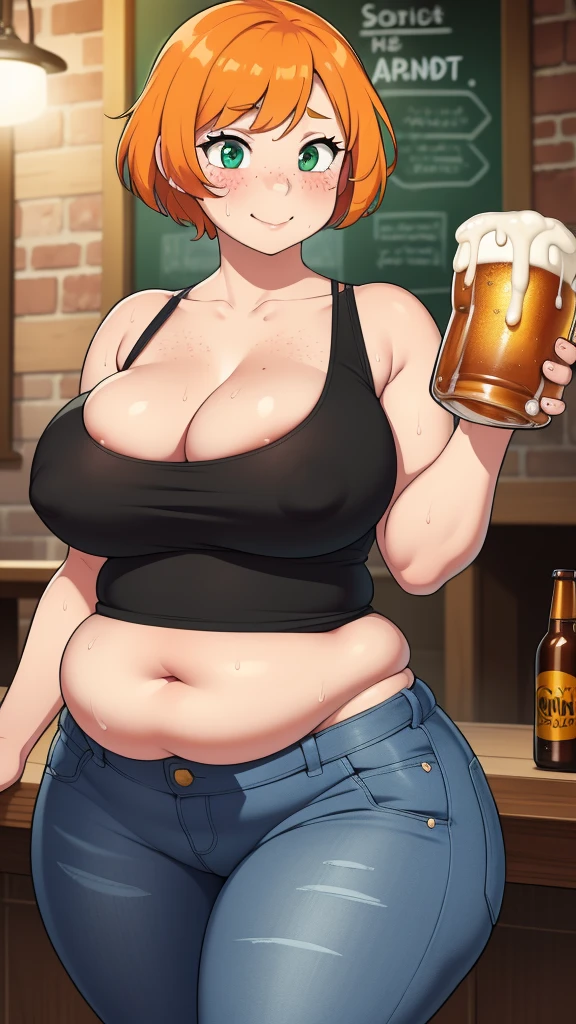 ((Masterpiece)), perfect anatomy, perfect shading, field of depth, (best quality), extremely delicate and beautiful, perfect lighting, detailed face, ultra cute face, cute, (1girl), (solo),
short fluffy orange hair, green eyes, freckles, ((blush)), drunk smile, sweat, looking at viewer, tank top, jeans, cleavage, medium breasts, ((thick thighs)), (wide hips), fat ass, plump,
intricate background, detailed background, pub, standing, beer mug