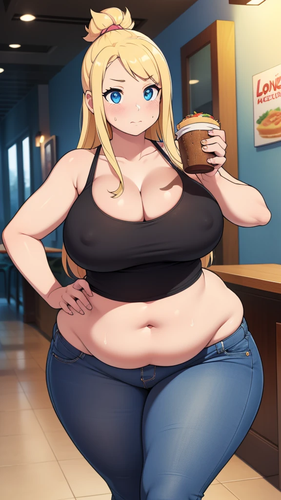 ((Masterpiece)), perfect anatomy, perfect shading, field of depth, (best quality), extremely delicate and beautiful, perfect lighting, detailed face, ultra cute face, cute, (1girl), (solo),

long fluffy blonde hair, blue eyes, ((blush)), nervous, looking at viewer, tank top, jeans, cleavage, large breasts, ((thick thighs)), (wide hips), fat ass, chubby, 

intricate background, detailed background, fast food restaurant, standing, 
