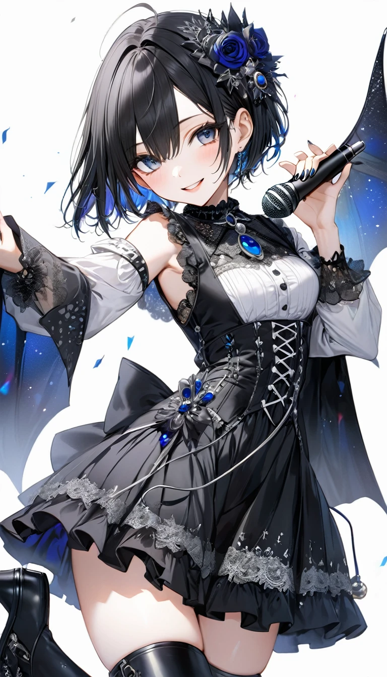(((White background:1.2)))、(masterpiece、Ultra HD、Masterpiece、4K)、Perfect Style、Scandinavian Gothic Metal Girl, Intricate details, Highly detailed eyes, Black shorthair、white gothic dress, Flash photography, Intricate details、smile、Wear long black boots、mini skirt、Intense movement、Uplifting、looks fun、masterpiece,high quality,One person girl,Idol singer,Gorgeous gothic outfit,Holding a microphone,sing,Rich in details,Correct finger,Cinema Lighting,