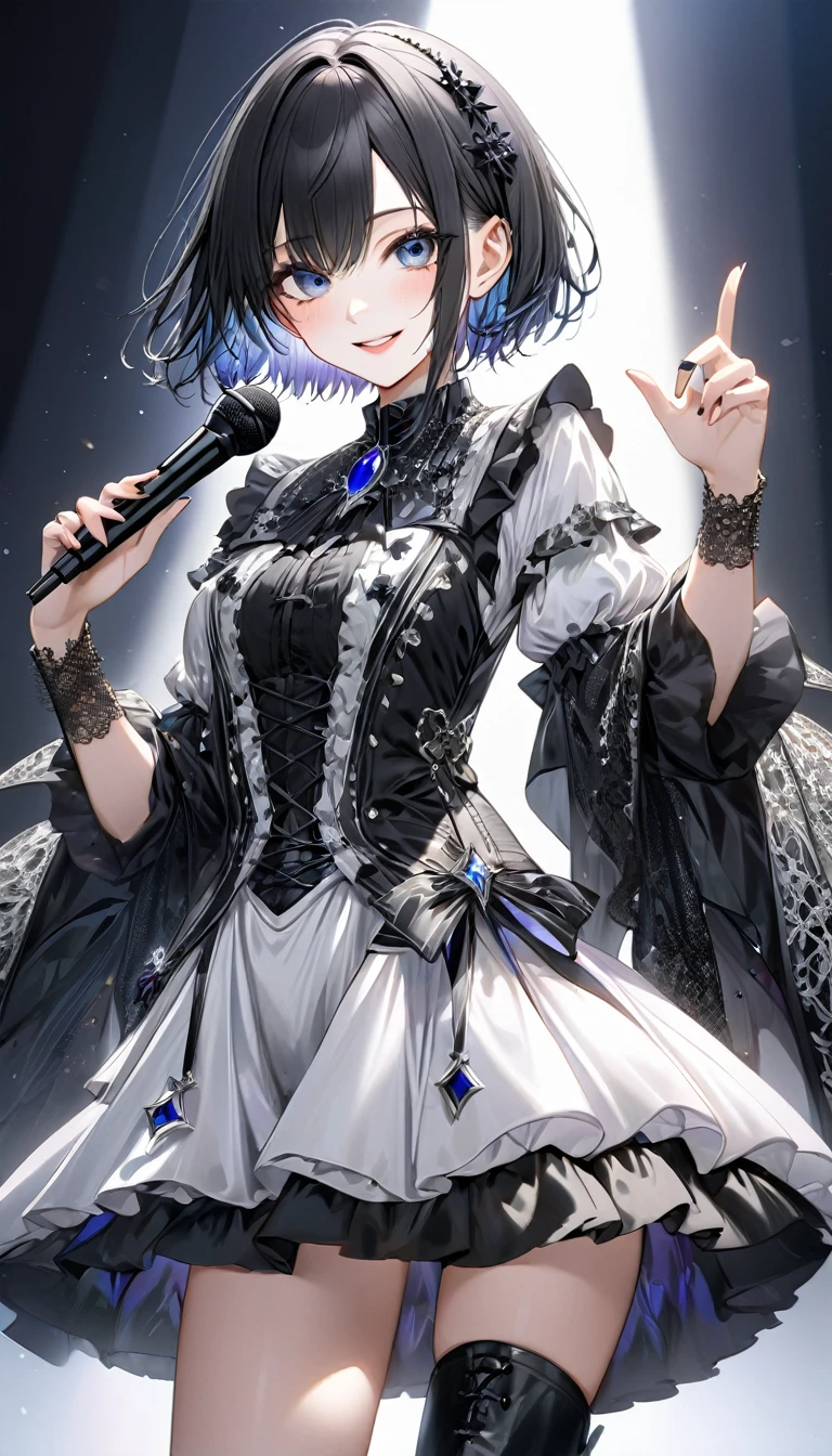 (((White background:1.2)))、(masterpiece、Ultra HD、Masterpiece、4K)、Perfect Style、Scandinavian Gothic Metal Girl, Intricate details, Highly detailed eyes, Black shorthair、white gothic dress, Flash photography, Intricate details、smile、Wear long black boots、mini skirt、Intense movement、Uplifting、looks fun、masterpiece,high quality,One person girl,Idol singer,Gorgeous gothic outfit,Holding a microphone,sing,Rich in details,Correct finger,Cinema Lighting,