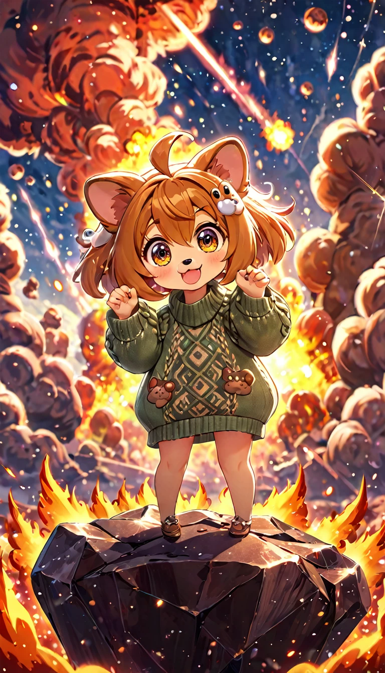 cute dog, standing on meteor ,cartoon, meteor, fire sky,arms, sweater, cute eyes, looking at viewer, hands up, effects background, florest, particles,