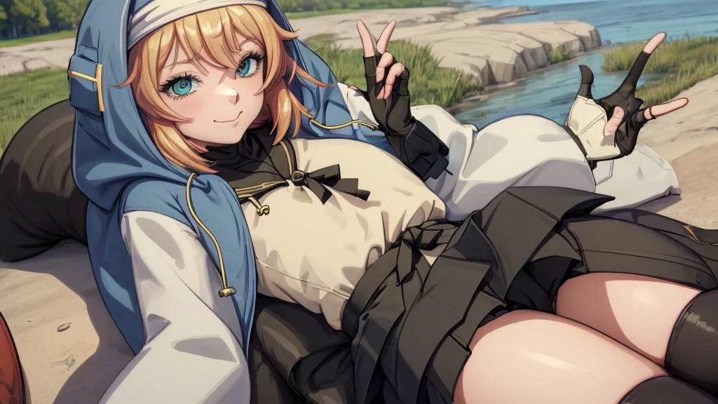 (masterpiece, Highest quality:1.2), alone, One girl, Gusbridget, smile, View your viewers, Hooded jacket, Long sleeve, Black gloves, Fingerless gloves, skirt, (Prone:1.5), Riverbank, (Lewd expression:1.3)