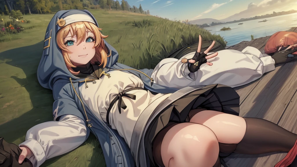 (masterpiece, Highest quality:1.2), alone, One girl, Gusbridget, smile, View your viewers, Hooded jacket, Long sleeve, Black gloves, Fingerless gloves, skirt, (Prone:1.5), Riverbank, (Lewd expression:1.3)