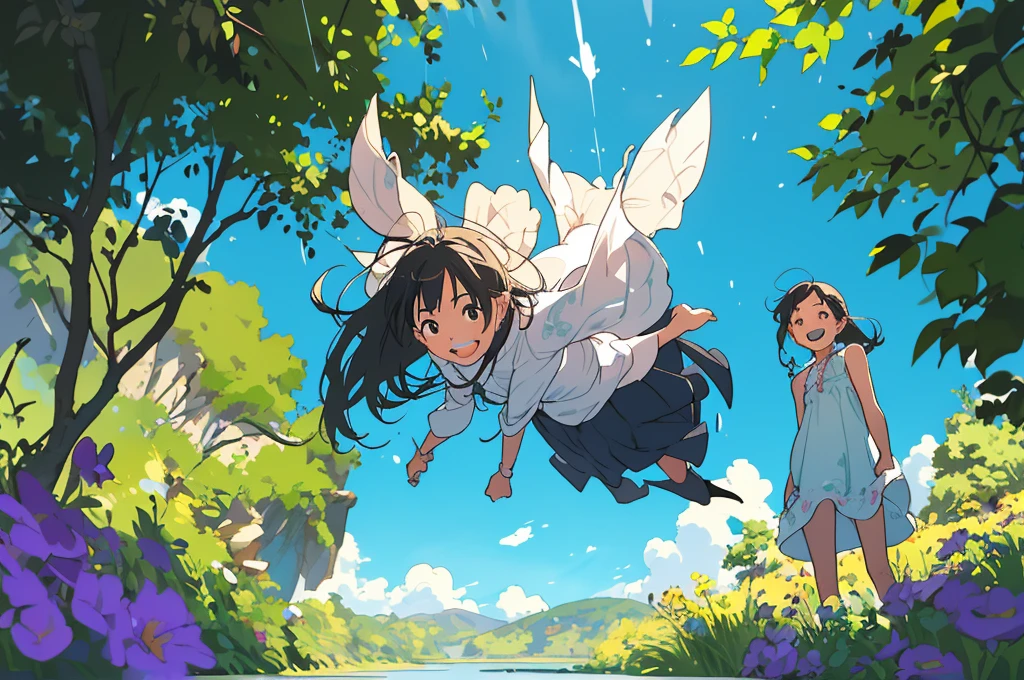 Reasonable design, Clear lines, High Sharpness, (Highest quality,8K,Perfect sharpness,Ultra fine,High resolution,masterpiece:1.2), Perfect Anatomy:1.5, Official Art, Illustrations that tell a story, (Whitish background:0. 9)、Body Positivity、多Mr.な身体表現、(Random and energetic poses)、Perfect beauty、Perfect beautiful face、Strong winds、A rich expression、Dynamic composition、smile、Golden ratio composition、colorful、((Mr.々Different angles and perspectives))、Anime Art、(Mini dress)、(Overcoming stereotypes)、 Glowing Skin、(Natural beauty)、smile、Bangs、(Soft and flowing hair)、(countryside)、(Nostalgic atmosphere)、Put up to your feet、(Playful and carefree)、(多Mr.な民族のキャラクター)、(innocent attitude)、(Sunny atmosphere)、(The skirt flutters wildly in the wind)、(Bright colors)、Beautiful Eyes、(Embarrassing)、Braided Hair、Summer Scene、Smiling among flowers、Angle from below、