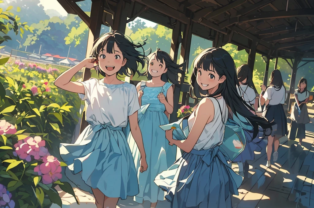 Reasonable design, Clear lines, High Sharpness, (Highest quality,8K,Perfect sharpness,Ultra fine,High resolution,masterpiece:1.2), Perfect Anatomy:1.5, Official Art, Illustrations that tell a story, (Whitish background:0. 9）、Body Positivity、多Mr.な身体表現、（Random and energetic poses）、Perfect beauty、Perfect beautiful face、Strong winds、A rich expression、Dynamic composition、smile、Golden ratio composition、colorful、（(Mr.々Different angles and perspectives)）、Anime Art、(Mini dress)、（Overcoming stereotypes）、 Glowing Skin、（Natural beauty）、smile、Bangs、（Soft and flowing hair）、（countryside）、（Nostalgic atmosphere）、Put up to your feet、（Playful and carefree）、（多Mr.な民族のキャラクター）、（innocent attitude）、（Sunny atmosphere）、(The skirt flutters wildly in the wind)、（Bright colors）、Beautiful Eyes、(Embarrassing)、Braided Hair、Summer Scene、Smiling among flowers、Angle from below、