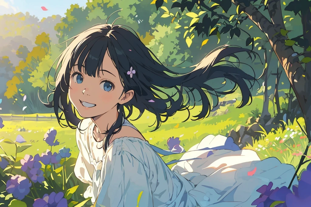Reasonable design, Clear lines, High Sharpness, (Highest quality,8K,Perfect sharpness,Ultra fine,High resolution,masterpiece:1.2), Perfect Anatomy:1.5, Official Art, Illustrations that tell a story, (Whitish background:0. 9)、Body Positivity、多Mr.な身体表現、(Random and energetic poses)、Perfect beauty、Perfect beautiful face、Strong winds、A rich expression、Dynamic composition、smile、Golden ratio composition、colorful、((Mr.々Different angles and perspectives))、Anime Art、(Mini dress)、(Overcoming stereotypes)、 Glowing Skin、(Natural beauty)、smile、Bangs、(Soft and flowing hair)、(countryside)、(Nostalgic atmosphere)、Put up to your feet、(Playful and carefree)、(多Mr.な民族のキャラクター)、(innocent attitude)、(Sunny atmosphere)、(The skirt flutters wildly in the wind)、(Bright colors)、Beautiful Eyes、(Embarrassing)、Braided Hair、Summer Scene、Smiling among flowers、Angle from below、
