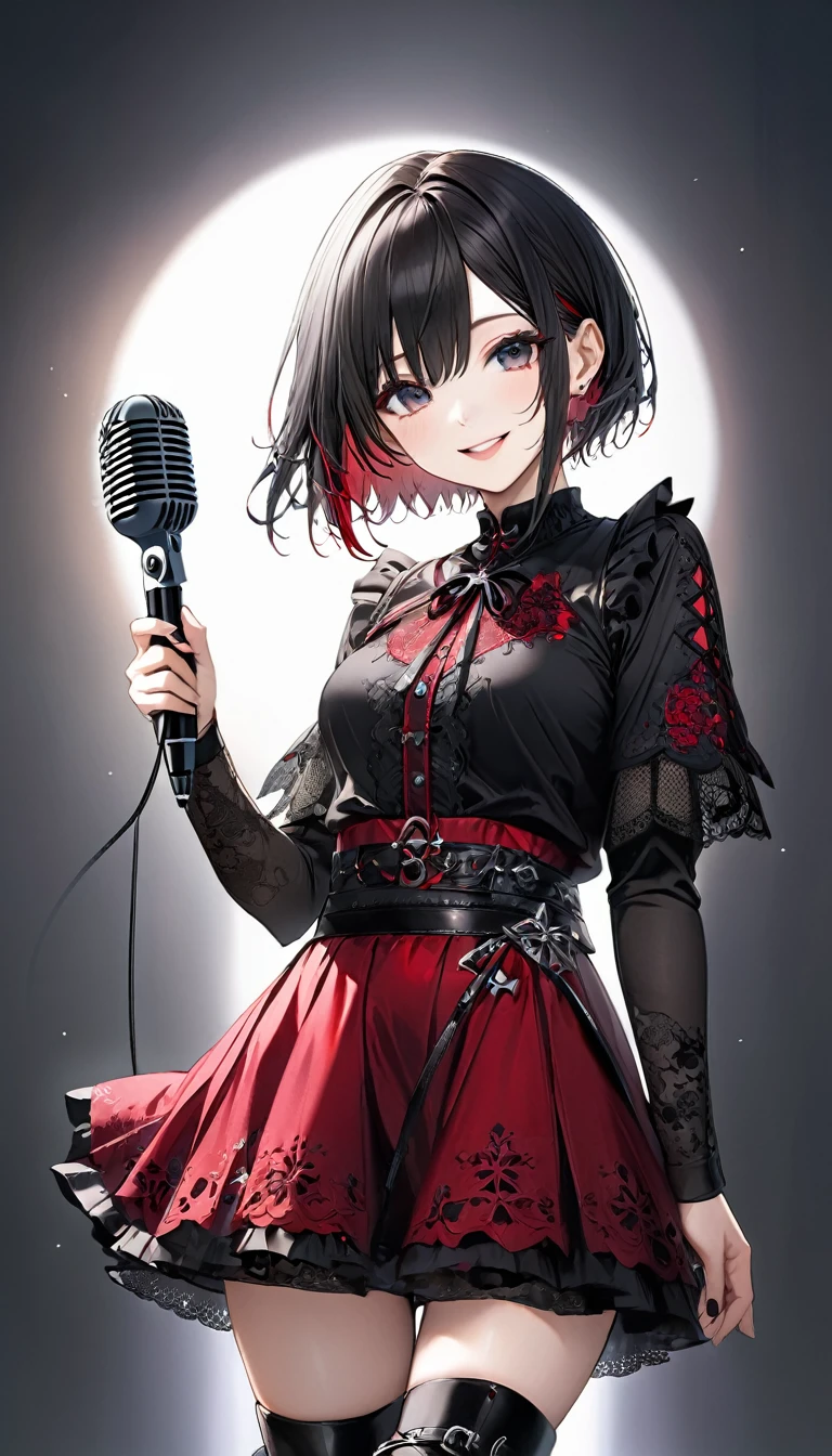 (((White background:1.2)))、(masterpiece、Ultra HD、Masterpiece、4K)、Perfect Style、Scandinavian Gothic Metal Girl, Intricate details, Highly detailed eyes, Black shorthair、Red Gothic Dress, Flash photography, Intricate details、smile、Wear long black boots、mini skirt、Uplifting、looks fun、masterpiece,high quality,One person girl,Woman in her 30s、Hold the microphone and sing,