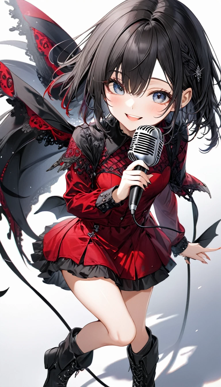(((White background:1.2)))、(masterpiece、Ultra HD、Masterpiece、4K)、Perfect Style、Scandinavian Gothic Metal Girl, Intricate details, Highly detailed eyes, Black shorthair、Red Gothic Dress, Flash photography, Intricate details、smile、Wear long black boots、mini skirt、Uplifting、looks fun、masterpiece,high quality,One person girl,Woman in her 30s、Hold the microphone and sing,