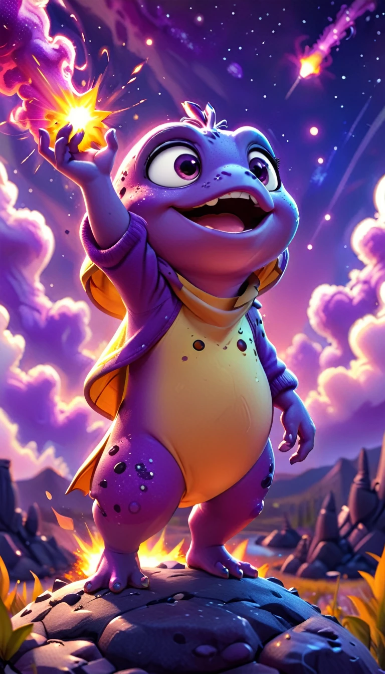 cute purple frog, standing on meteor ,cartoon, meteor, fire sky,arms, sweater, cute eyes, looking at viewer, hands up, effects background, florest, particles,