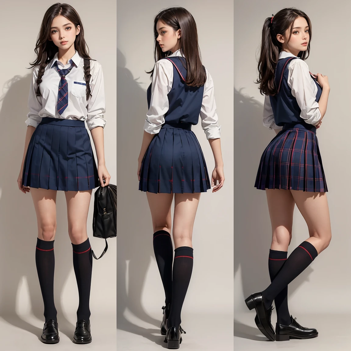 (Masterpiece, Best Quality:1.5), (stunning school girl:1.5), the most beautiful school girl in the world, full body, highly detailed beautiful face and eyes, loving look, school tie, knee length pleated skirt, tartan check skirt, school knee-high socks, loafers, (three view drawing, front and back and side, character sheet:1.2)