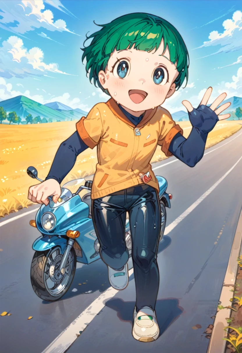 Cute young boy, ropple, blue eyes, green hair, cute face, very smail, laughing, nsfw, small breasts, waist, motorcycle pants, wet spats, cute crotch penis, running, full view body, waving at viewer, looking at another, cute face, very smail, laughing, happy, vaginal penis,