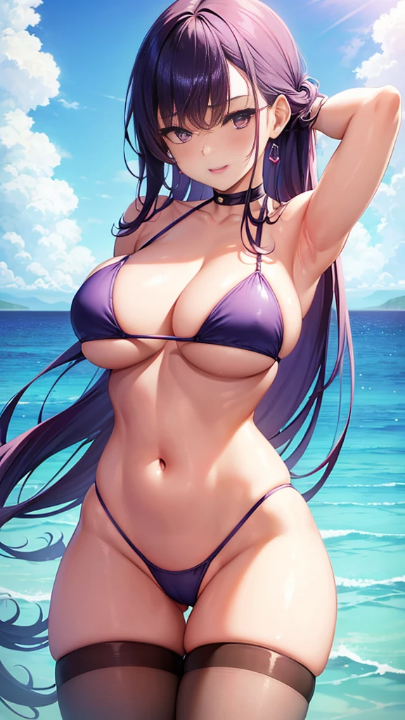 1girl,(perfect anatomy:1.4), areola slip, armpits, arms behind head, arms up, bangs, beach, bikini, purple eyes, blue sky, breasts, cleavage, covered, curvy,red lipstick,(milf),seductive smile,sexy:, day, big breast, lips, long hair,purple hair, asymmetrical bangs, looking at viewer, micro bikini, navel, ocean, outdoors, parted lips, sitting, skindentation, sky, solo, swimsuit, thick thighs, thighhighs, thighs, very long hair, wet,( light pink bikini:1.2), white thighhighs,realistic, (shiny skin:1.2),(masterpiece:1.4),(best quality:1.4),(shiny skin),realistic , pureerosface_v1