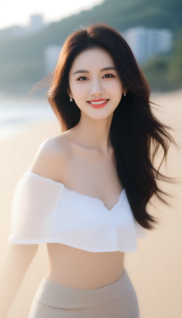 ((Best Quality, 8k, Masterpiece:1.3)), Focus:1.2, Perfect Body Beauty:1.4, Buttocks:1.2, ((Layered Haircut, Breasts:1.2)), (Wet Clothes:1.2) , (Rain, seaside:1.3), Bandeau Dress: 1.1, Highly Detailed Face and Skin Texture, Fine Eyes, Double Eyelids, Whitened Skin, Long Hair, (smiling and dancing:1.2)