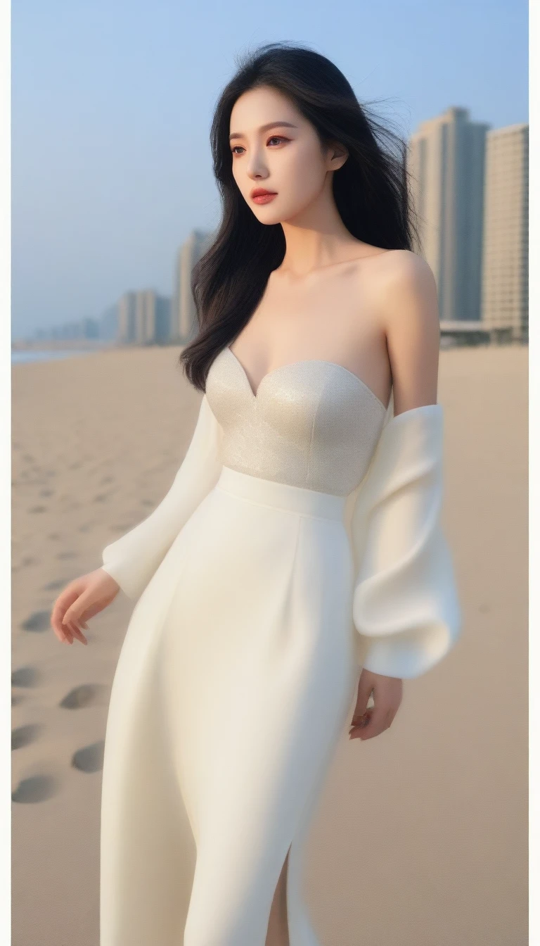 masterpiece, best quality, official art, in focus, full body photo (FLS), FHD, 1080P, 2K, 4K, 8K, Mind-bSoft illuminationlowing Details, Unfathomable, Leica camera, Full Length Shot (FLS), cute, Golden Ratio,Soft illumination,absorbing。 Super detailed, extremely detailed, beautiful and meticulous girl, 1 girl, (perfect female figure), full body, skirt, long legs, no breasts, background on the beach.
