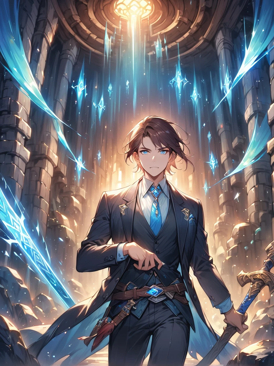 (((Dungeons & Dragons))),A glittering dragon's underground lair featuring an 1man wearing a black suit jacket, (shining swords), scrolls, mysterious runes,rock walls, crystals, gemstones,intense blue eyes,captivating face, (short brown hair), dungeon lighting, caves, high fantasy
