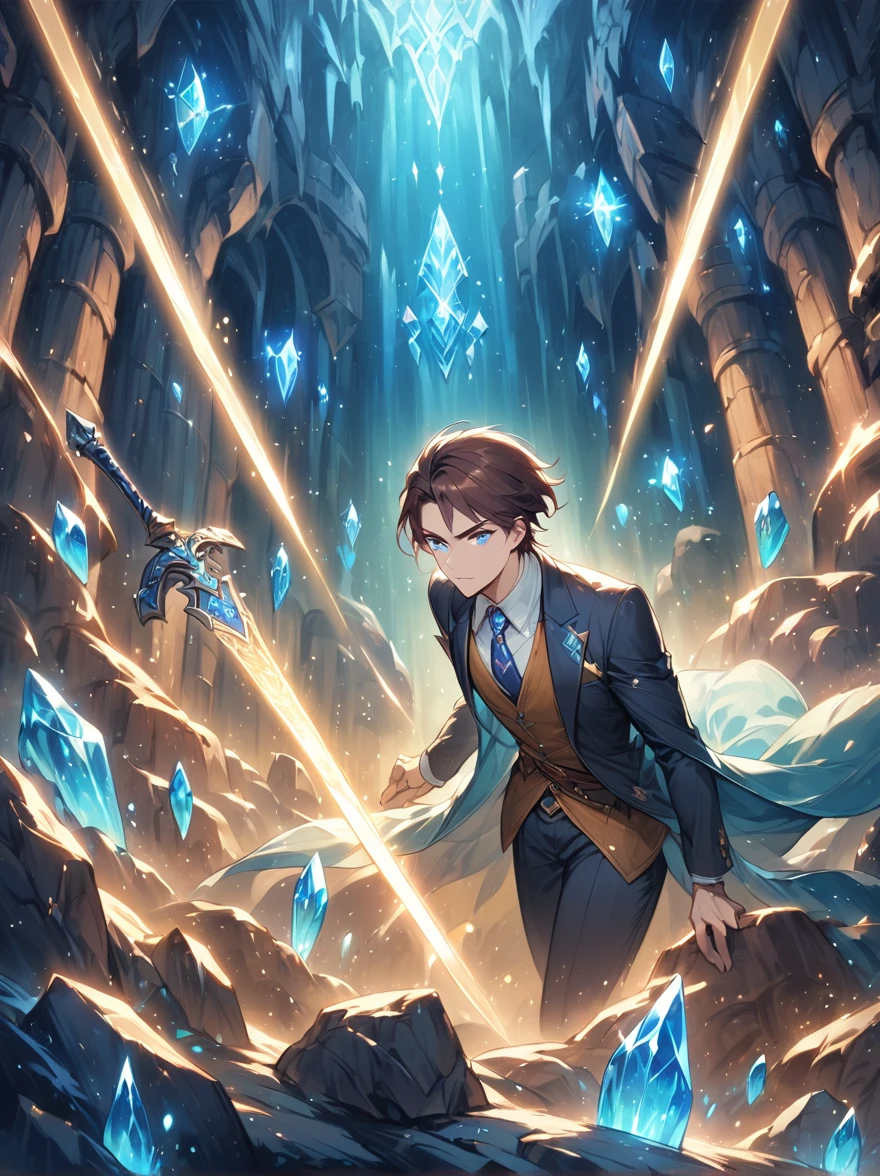 (((Dungeons & Dragons))),A glittering dragon's underground lair featuring an 1man wearing a black suit jacket, (shining swords), scrolls, mysterious runes,rock walls, crystals, gemstones,intense blue eyes,captivating face, (short brown hair), dungeon lighting, caves, high fantasy