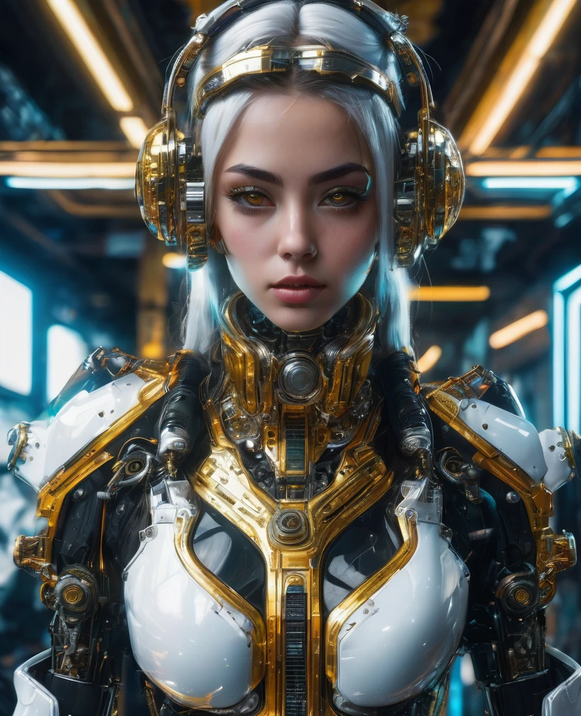 cyber punk, 最high quality, High resolution, 8K, Realist, Sharp focus, imagen fotorRealist de una hermosa chica con pechos grandes, traje de cuero blanco bright, With gold decoration, and steel , Bright eye color, ((Complex machine details)), In his room, where the hacker's devices are located, The colorful art of Lenkaism, high quality, bright, reflejo de Light, Cinematic close-up shots, Fantasy, Bright colors, end_Light_Blurred, Hyper Ray Tracing, Yuzu.
