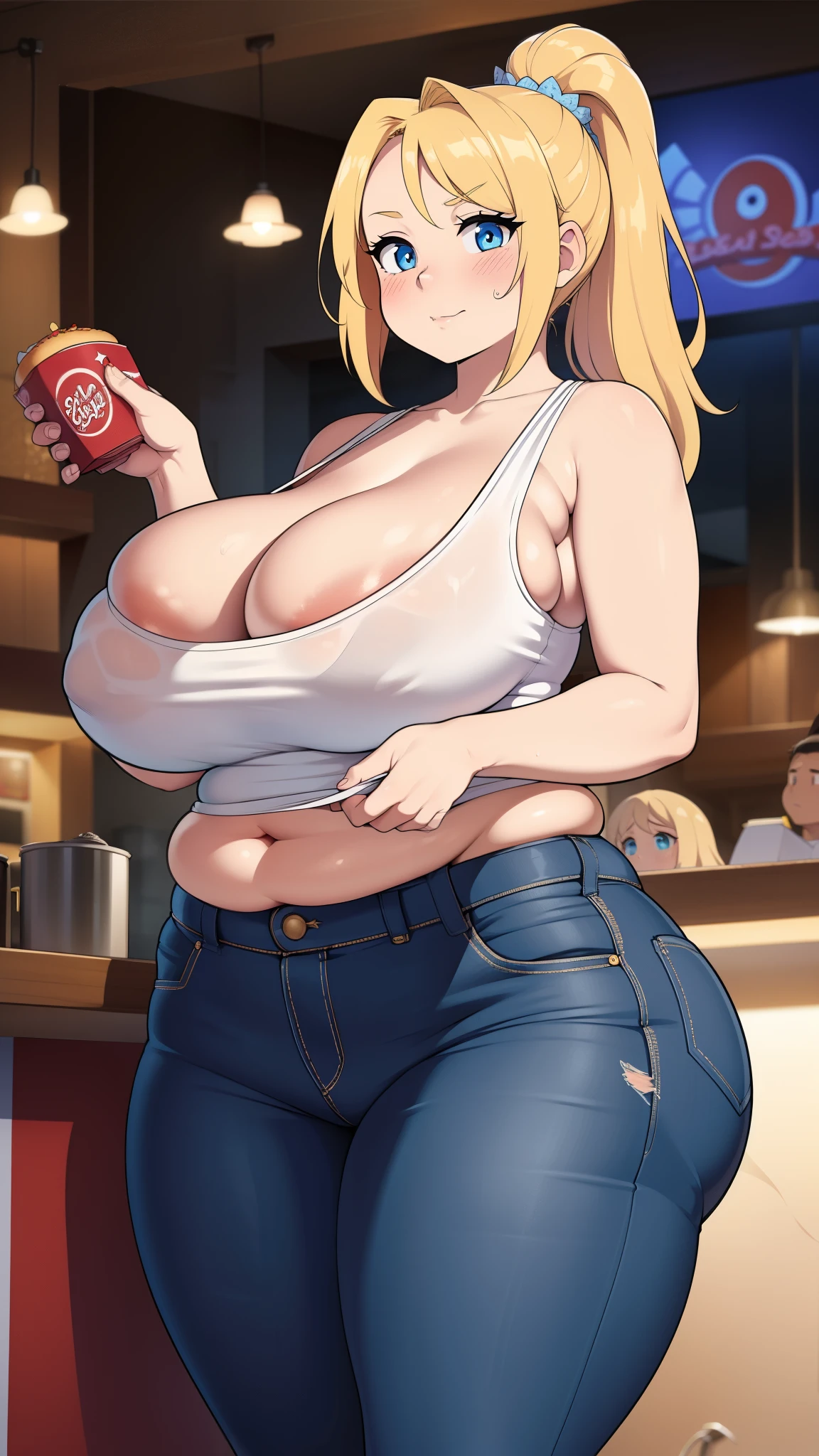 ((Masterpiece)), perfect anatomy, perfect shading, field of depth, (best quality), extremely delicate and beautiful, perfect lighting, detailed face, ultra cute face, cute, (1girl), (solo),

long fluffy blonde hair, blue eyes, ((blush)), nervous, looking at viewer, tank top, jeans, cleavage, large breasts, ((thick thighs)), (wide hips), fat ass, chubby, 

intricate background, detailed background, fast food restaurant, standing, 
