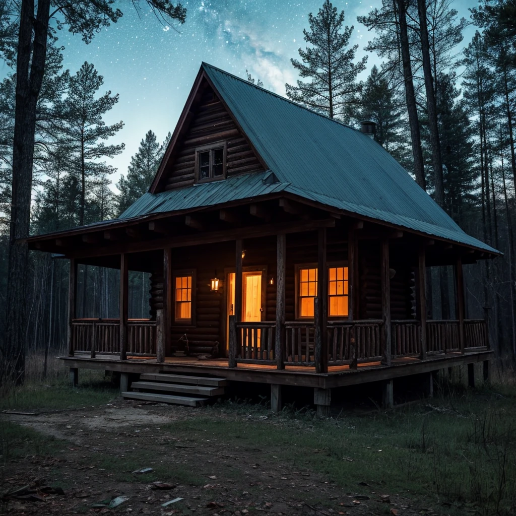 A spooky but eerily beautiful abandoned cabin in the middle of the spooky woods. Above the beautiful sky shows with stars and planets. A ghost couple standing on the front porch hugging in love. Hd photo
