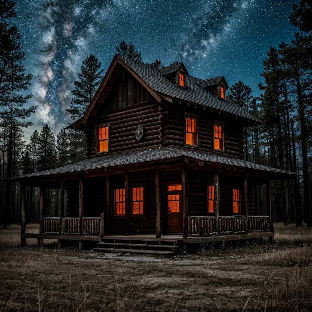 A spooky but eerily beautiful abandoned cabin in the middle of the spooky woods. Above the beautiful sky shows with stars and planets. A ghost couple standing on the front porch hugging in love.  Hd photo 