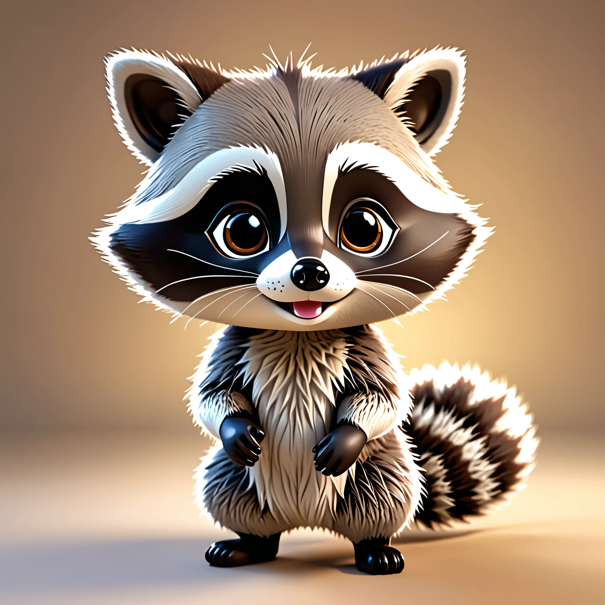 Chibi-style 3D raccoon with exaggerated features, large head, huge sparkling eyes, tiny body, short limbs, radiating joy, positioned center frame, cute and endearing aesthetic, full-body view, soft fur texture, cheerful expression, embraced by warm, soft lighting, ultra fine details, digital render.