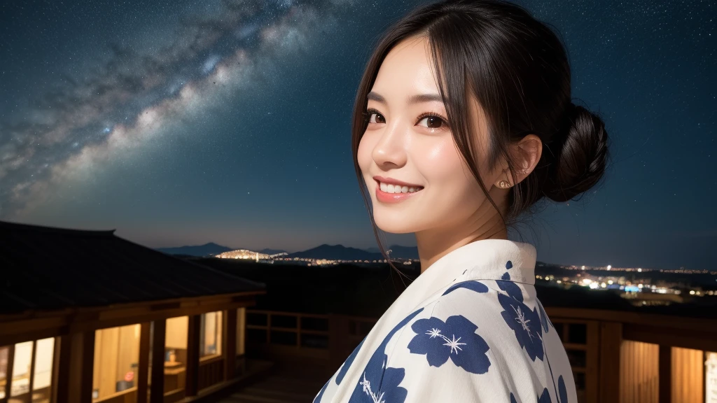 (1women), Updo hairstyle, (round eyes:1.2), (highly detailed face), (extremely detailed beautiful face), (smile happily), (floral pattern yukata), (Best Quality:1.4), (Ultra-detailed), extremely detailed CG unified 8k wallpaper, Realistic portrait, Beautiful detailed, High-definition raw color photos, professional photography, night sky, beautiful milky way, (fine face:1.2), focus on women, Tanabata, tanabata, The night view of the city is so beautiful, She is impressed by the beauty of the night view, From the side