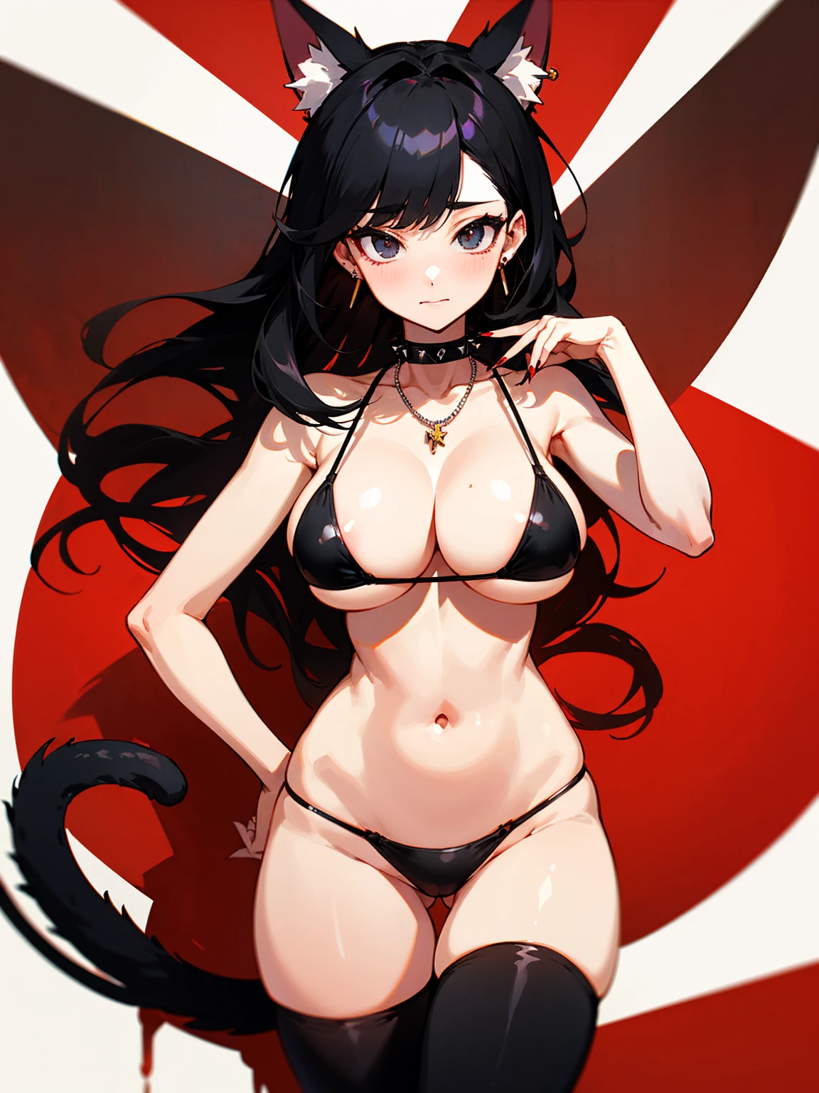 ((Long Straight Black hair)), Perfect face, Choker, Punk earrings, ((Tall)), ((High Quality)), Necklace, ((Mature)), Pretty Eyes, Sharp Nails, Bangs, ((1 Girl)), Hot, ((Multiple Earrings)), Natural Tits, 1 girl, Beautiful, Sexy, Spiky Earrings, Adult, Spiked Collar, Thin Eyelashes, Plain Background, Red Colors in Background, Black Eyes, Black Clothes, Lewd, Orgasmic, Horny, Dark Colors, Close Up, Hair Strands, Black Thigh Highs, Completely White Background, Slender Body, Cat Girl, Long Tail, Large Tail, Massive Tail, Black Tail, , Wide Hips, Long Body, ((Black Bikini)), Tight Bikini,