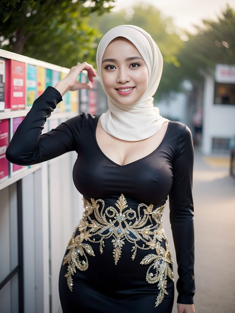 36 years Old, Hijab Indonesian mature woman, (hardware store), Slim body, tight long sleeve dress, Breast about To burst out, blur background, bokeh, smiling, elegant, detailed skin,