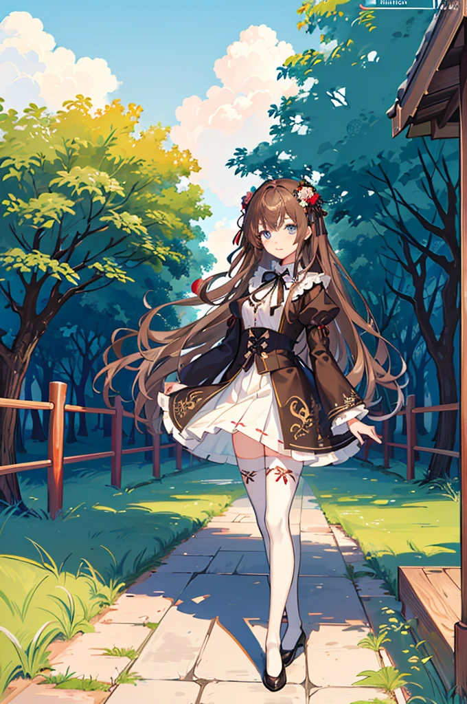 1girl,  solo, outdoors, long hair, holy place, Original,(Illustration:1.1),(Best Quality),(masutepiece:1.1),(the Extremely Detailed CG Unity 8K Wallpapers:1.1), (Colorful:0.9),(mid-shot:0.95),(extremely detailed beautiful face),(Solo:1.2), (girl),(((Lori))), (Detailed beautiful eyes:1.15), (Beautiful face:1.15), (Glowing blue eyes:1.25////),(((Brown Long Hair))),(two side up),(+perfect hand+:1.21),(Draw illustration of Japan priestess costume),(slender),(White pleated skirt),(Gothic),((black thighhighs)),(frilld),(Beautiful Slender Lolita Girl),hallowween,standing, girl,,  girl,foggy place,