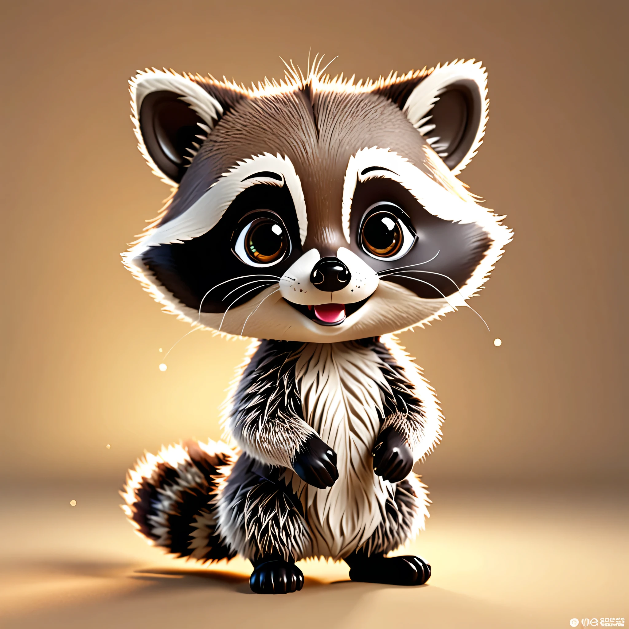 Chibi-style 3D raccoon with exaggerated features, large head, huge sparkling eyes, tiny body, short limbs, radiating joy, positioned center frame, cute and endearing aesthetic, full-body view, soft fur texture, cheerful expression, embraced by warm, soft lighting, ultra fine details, digital render.