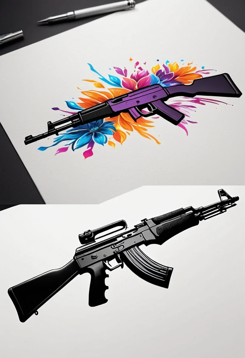 Create a high-quality logo for a clothing brand. The design of the logo should include an AK-47 assault rifle that is shooting a flower or a stream of water. The style of the logo should be modern and appealing, suitable for a fashion brand. The image must be sharp and detailed, with vibrant colors that catch the eye. Ensure that the AK-47 is well-defined and that the element being shot (water )is clearly visible and artistic. The logo should convey a blend of strength and peace, symbolizing the transformation of something violent into something beautiful and peaceful.

---

This prompt should provide a clear and detailed image of the logo you want to create.