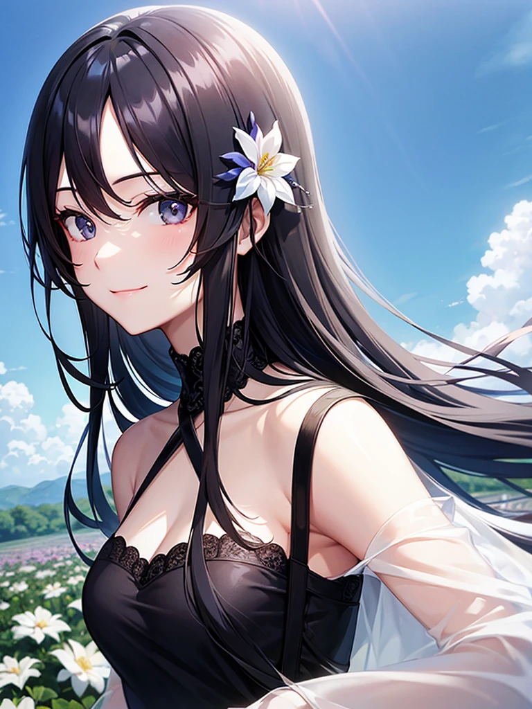 Flower Field、Blue sky、Long black hair、black eye、Woman in her early 20s、Face close-up、smile、Elegant dress