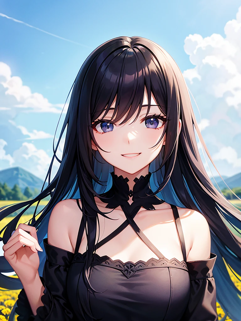Flower Field、Blue sky、Long black hair、black eye、Woman in her early 20s、Face close-up、smile、Elegant dress