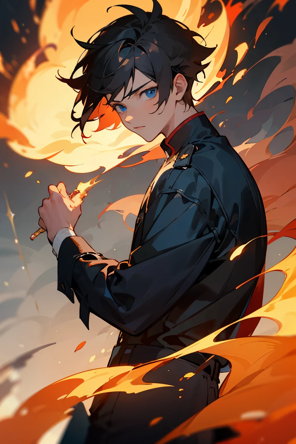((best qualityer)), ((work of art)), (detailded), Young boy, male, dark hair, short hair, blue eyes, dark clothes, fire, Flames