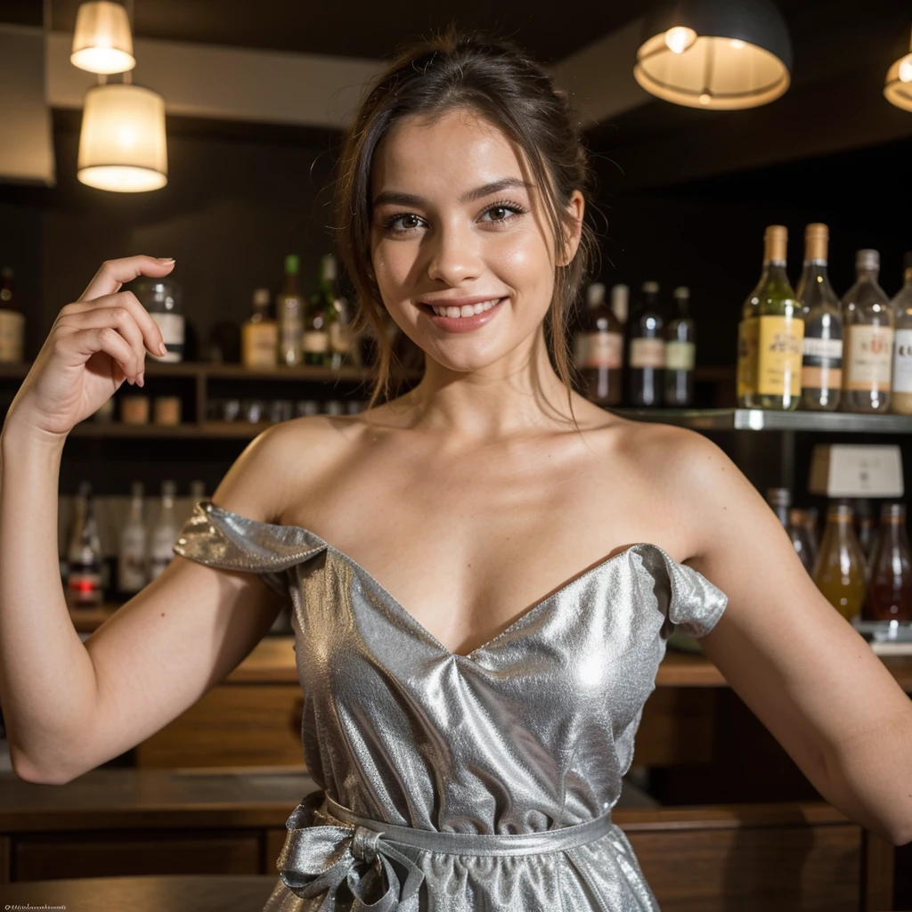 best quality,4k,8k,highres,masterpiece:1.2,ultra-detailed,realistic,photorealistic:1.37,portrait,dancing,beautiful detailed eyes,beautiful detailed smile,detailed skin texture,long eyelashes, brown hair, short hair,wavy hair,party atmosphere,disco lighting,vibrant colors,elegant pose,graceful movements,joyful expression,enjoying the music,long black party dress,nylons,twirling on the dance floor,enchanting ambiance,bouncing lights,celebration,energetic crowd,happy atmosphere,exciting beats,festive spirit,lively rhythm,social interaction,memorable night,party vibes,excitement and joy,unforgettable experience