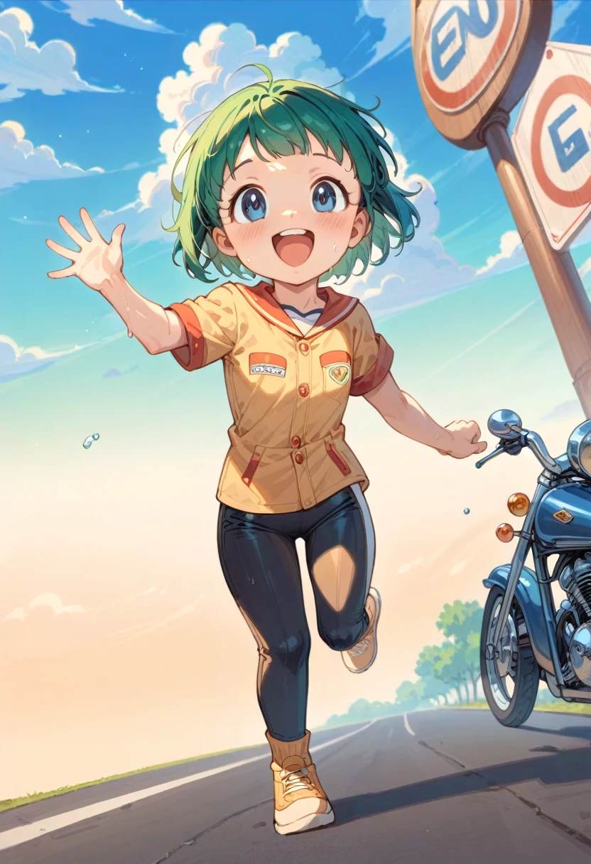 Cute young boy, ropple, blue eyes, green hair, cute face, very smail, laughing, nsfw, small breasts, waist, motorcycle pants, wet spats, cute crotch penis, running, full view body, waving at viewer, looking at another, cute face, very smail, laughing, happy, vaginal penis,