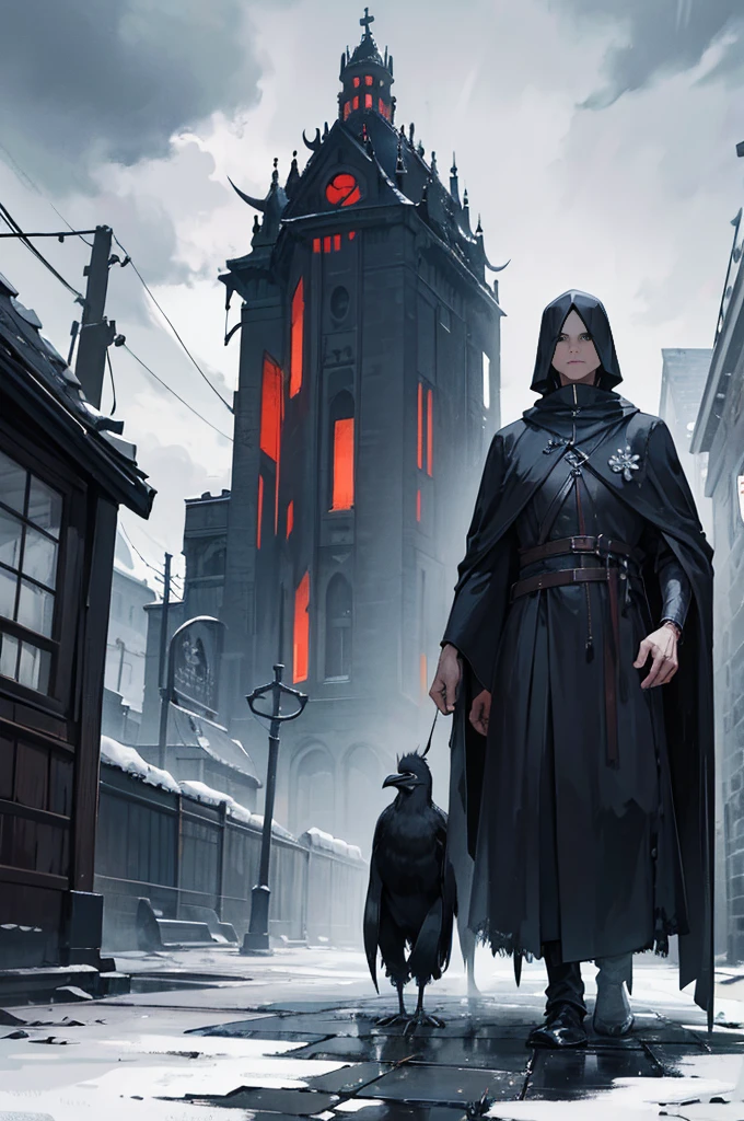 a anthropomorphic crow wearing tattered monks robes walks sadly through the stormy and dark town, highly detailed illustration,concept art, magical realism,night,town,