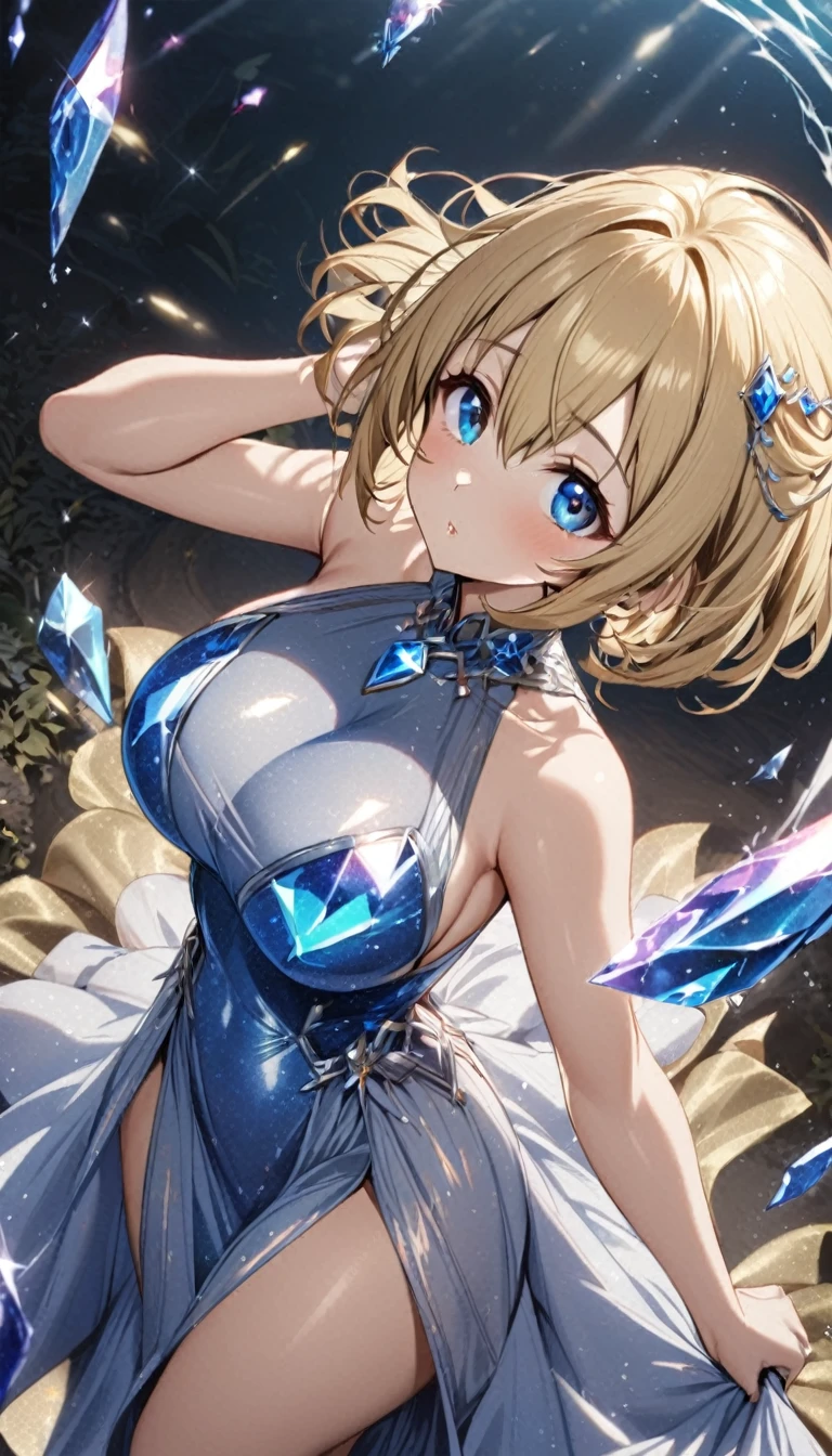 1girl,hair_between_eyes,wavy_short_hair,blonde hair,blue eyes,tareme,large breasts,moonstone crystalline dress