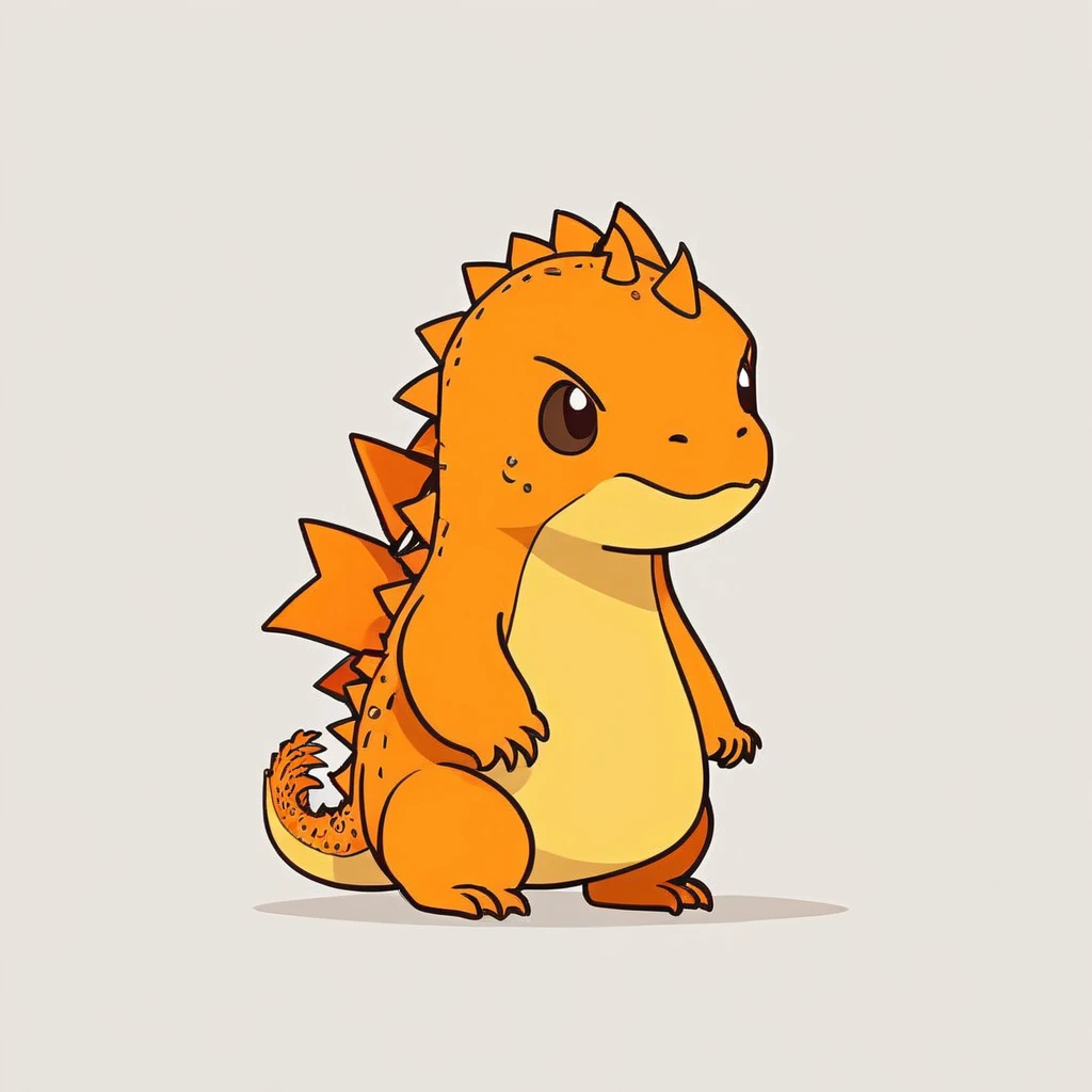 cute Godzilla with a sad expression, vibrant colors in orange tones, side view, simple cartoon, flat color cartoon illustration, simple and minimalist design, isolated on a white background,