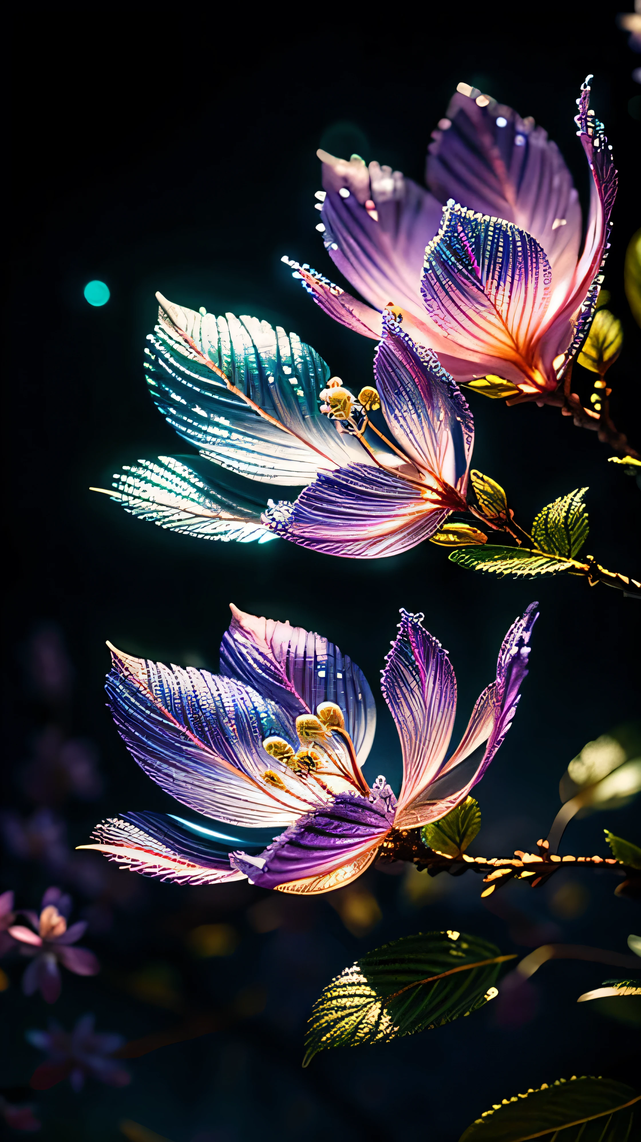Branch of delicate lilac flowers, Ultra-transparent, holy Light, beautiful spectral Light, Petals Shine, Blink, Dark Background, drops of transparent Light, reflective Light, bright, Light streaming in, Optics, Portrait Profile, Sharp focus, Magic, complicated, Ultra-realistic, Fantasy, composition, Light, Art Station Trends, Pearl, Silvery steam guardian cloud, Caustic Enveloped Ray, 8K, ureal ar 23v4 upLight